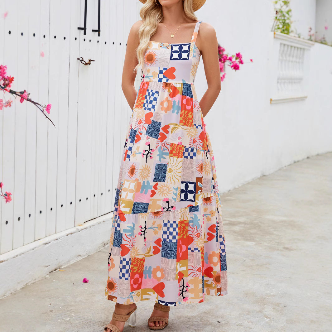 Woman wearing Floral Print Strap Flowy Boho Beach Maxi Dress in a sunny beach setting