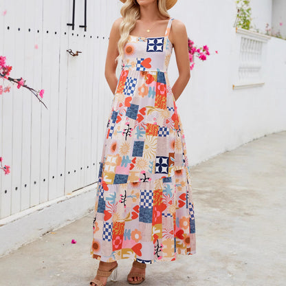 Woman wearing Floral Print Strap Flowy Boho Beach Maxi Dress in a sunny beach setting