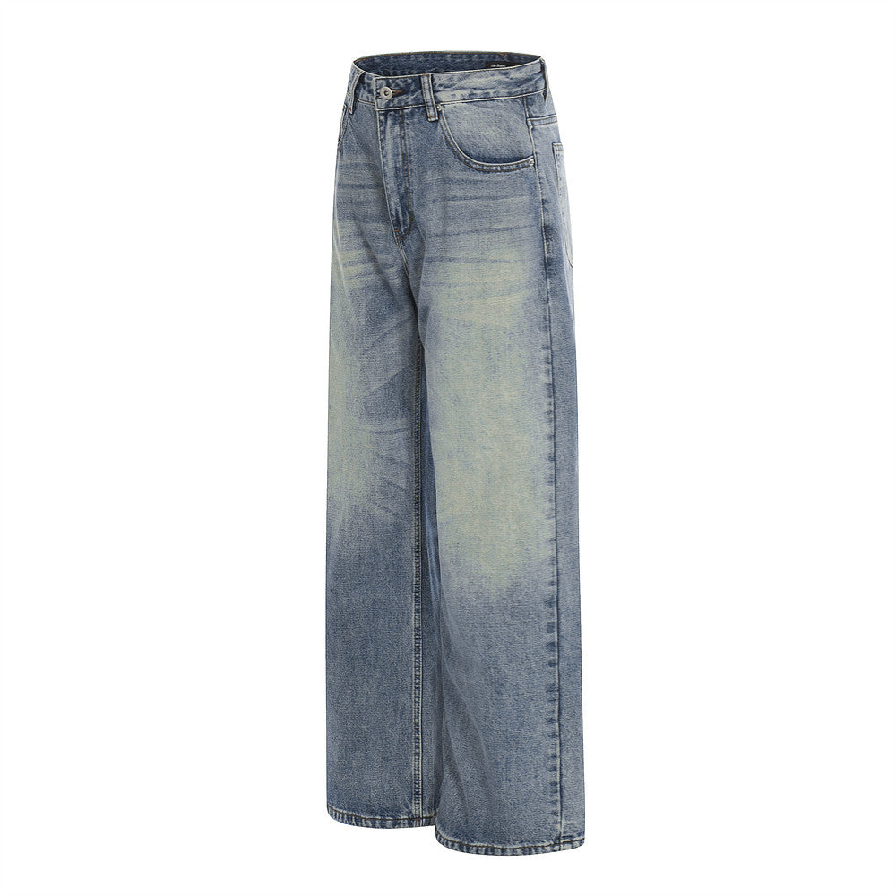 Woman wearing Washed Blue Denim Wide Leg Pants in an urban setting