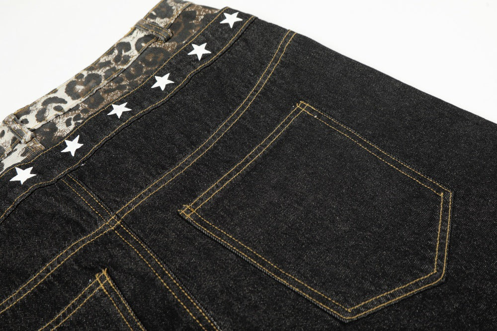 Leopard Print Spliced Denim Pants | Tajstylo