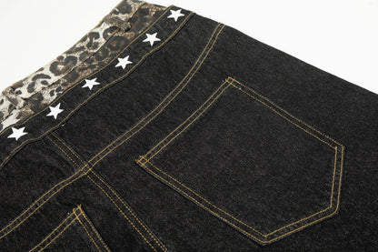 Leopard Print Spliced Denim Pants | Tajstylo