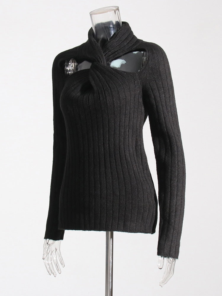 Woman wearing Hollow Out Knit T-Shirt in a casual setting