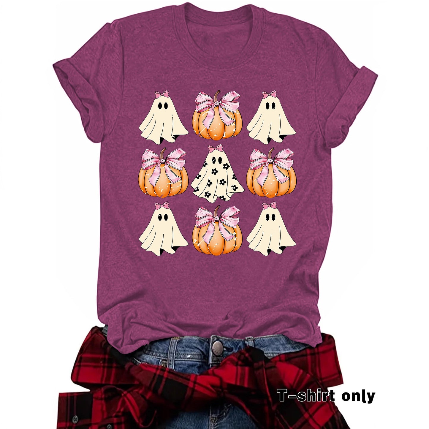 Woman wearing Funny Coquette Bow Pumpkin T-Shirt in a casual setting