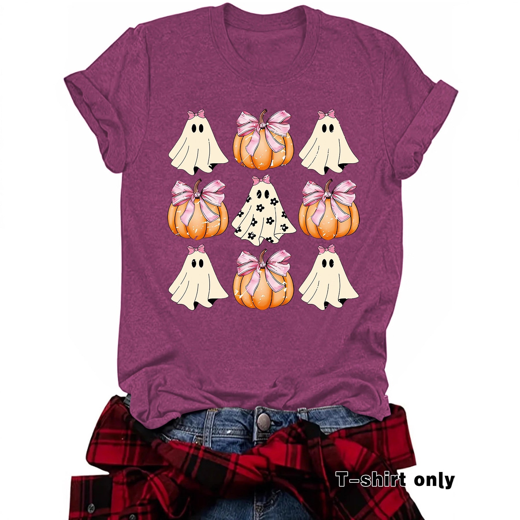 Woman wearing Funny Coquette Bow Pumpkin T-Shirt in a casual setting