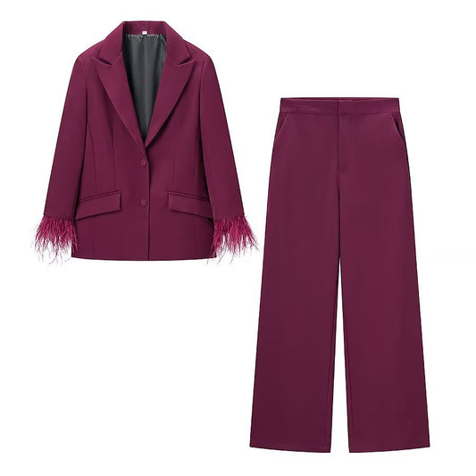 Woman wearing Feather Decorated Commuter Jacket Set in an urban setting