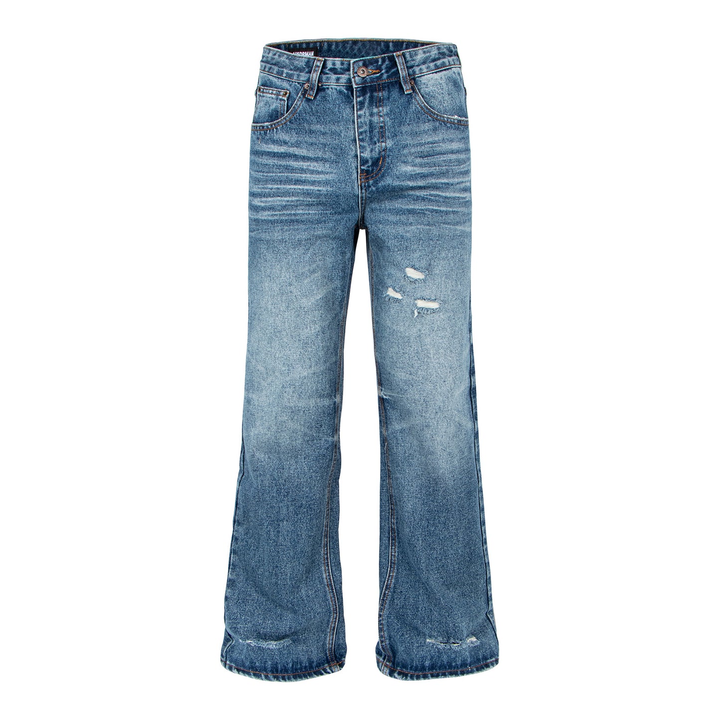 Woman wearing Distressed Flared Denim Jeans in a city setting