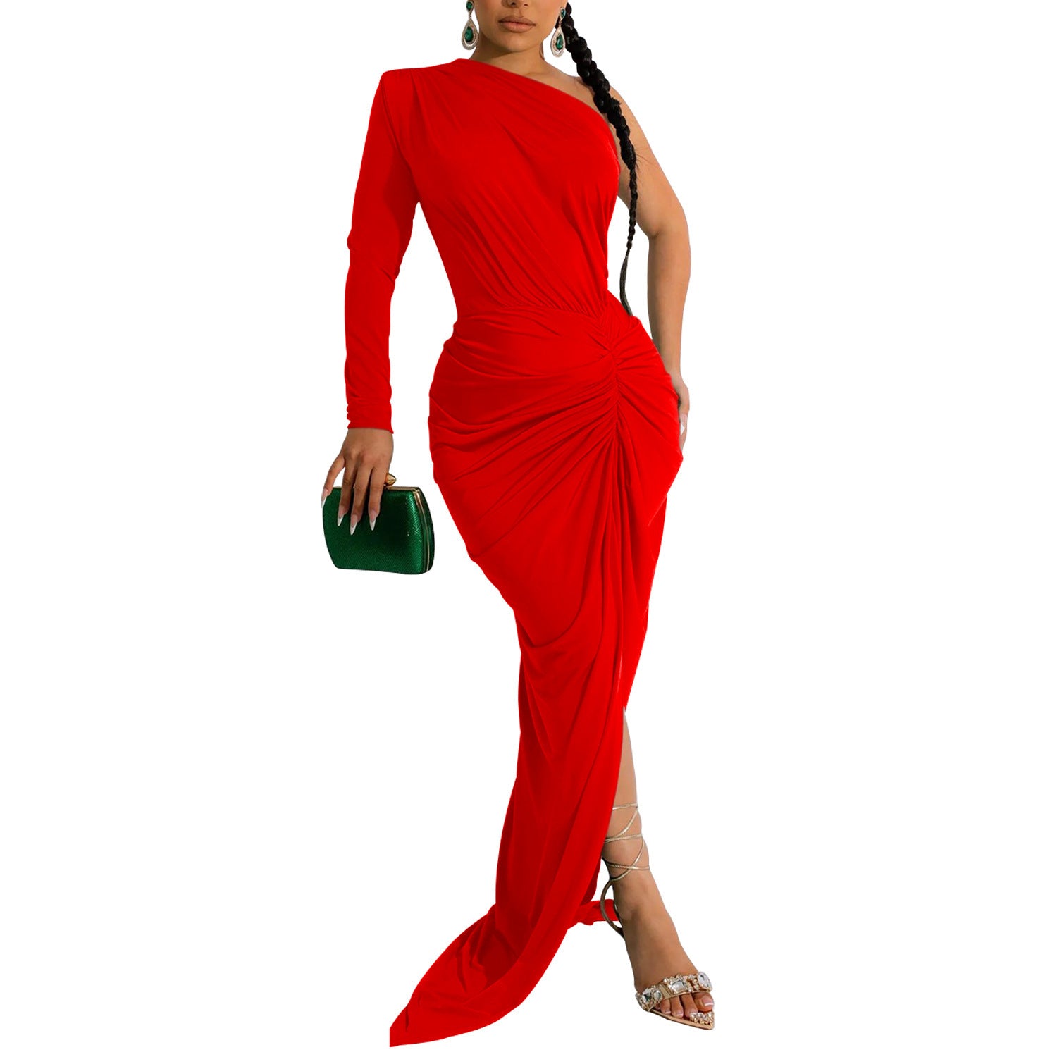 Woman wearing Asymmetric Neck Single Long Sleeve Maxi Dress in a stylish setting