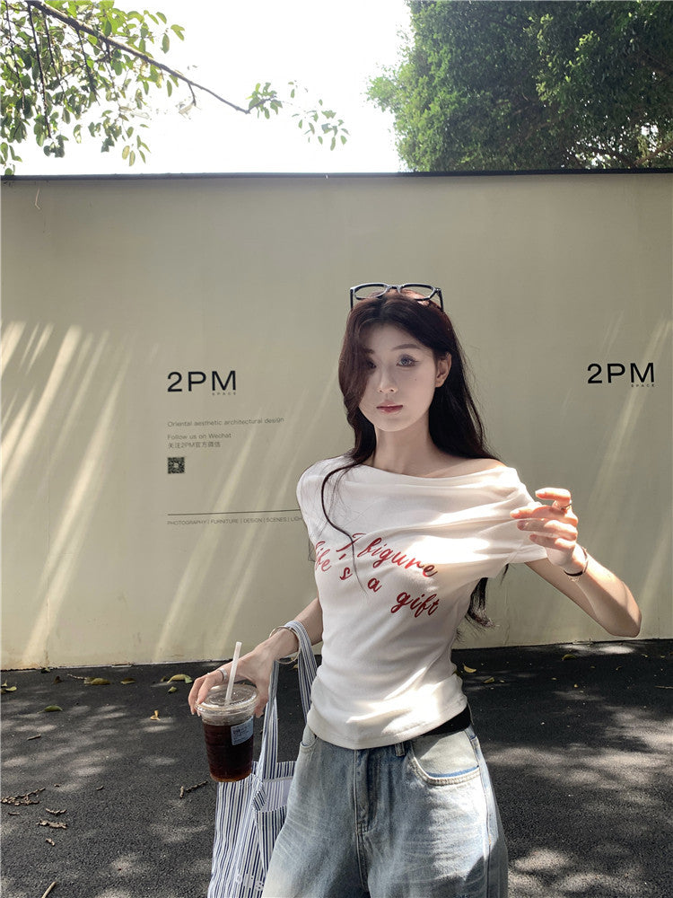 One Shoulder Fitted Crop Top with Letter Print | Tajstylo