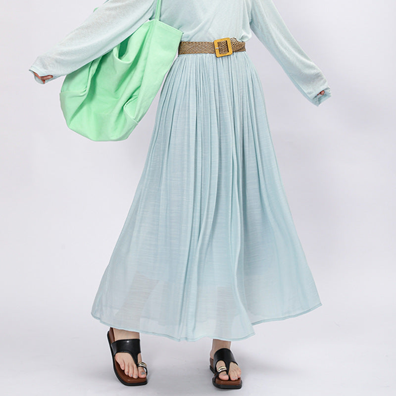 Woman wearing Solid Color A-Line Skirt in a casual outdoor setting