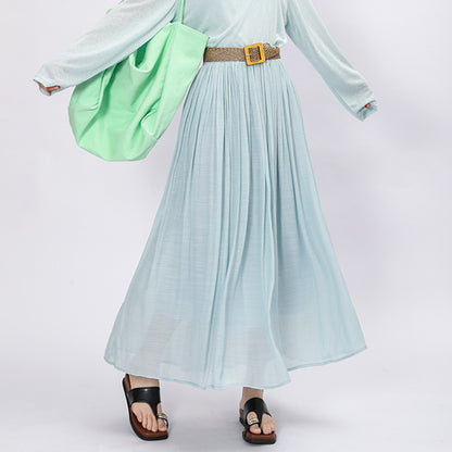 Woman wearing Solid Color A-Line Skirt in a casual outdoor setting