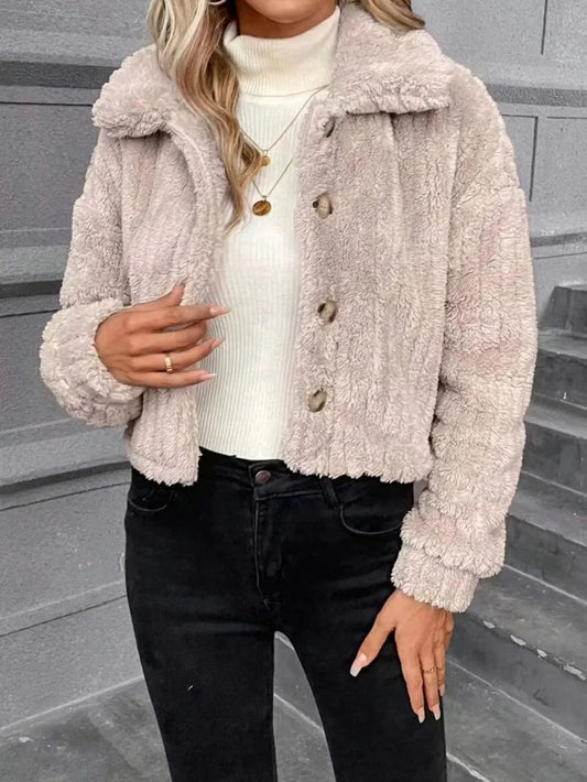 Button Up Long Sleeve Fuzzy Outerwear | Tajstylo