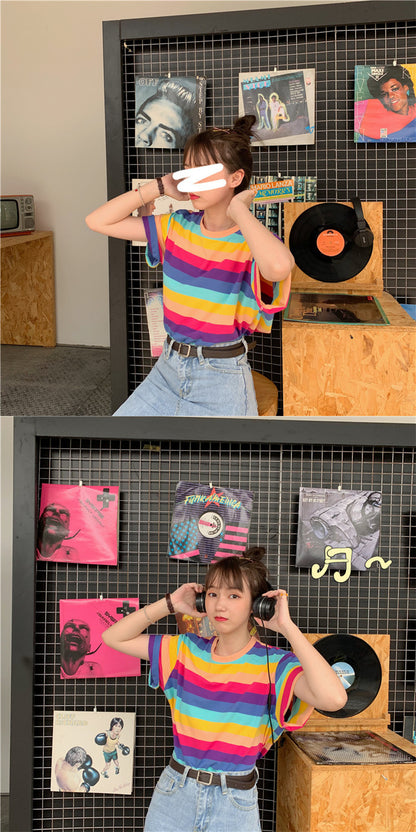 Rainbow Stripe Loose T Shirt | Tajstylo