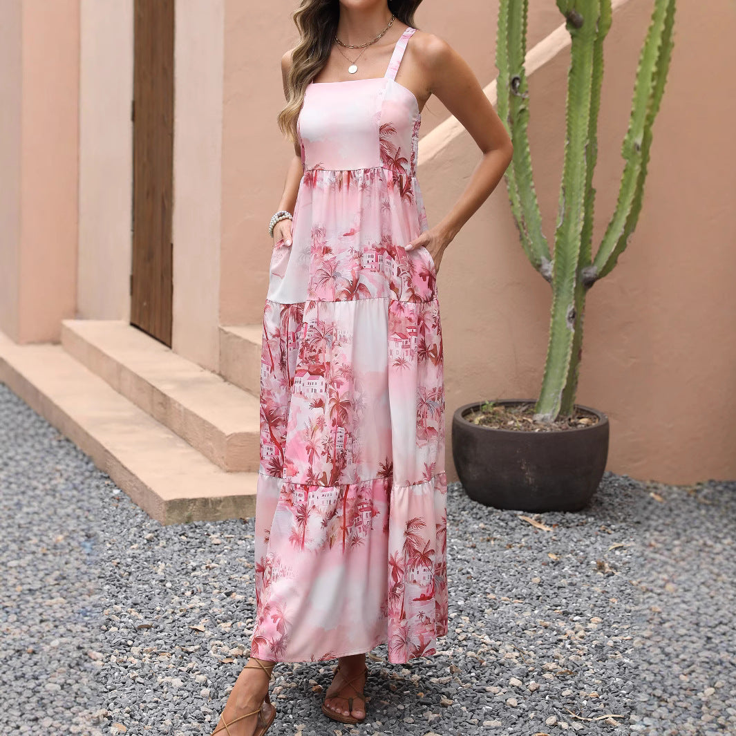 Woman wearing Strapless Coconut Tree Print Boho Beach Maxi Dress in a tropical beach setting