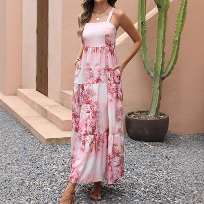 Woman wearing Strapless Coconut Tree Print Boho Beach Maxi Dress in a tropical beach setting