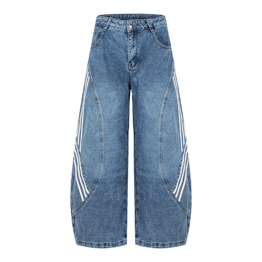 Woman wearing Retro Street Washed Three-Stripe Deconstructed Wide-Leg Jeans in a casual city setting