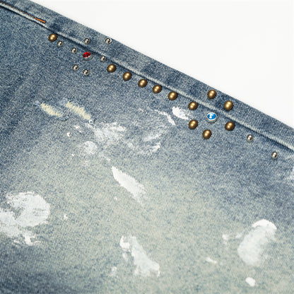 Woman wearing Distressed Blue Punk Straight Fit Jeans in urban setting