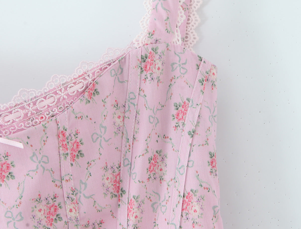 Lace Trimmed Printed Waist-Cinched Midi Dress | Tajstylo