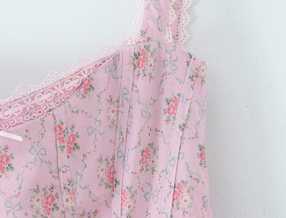 Lace Trimmed Printed Waist-Cinched Midi Dress | Tajstylo