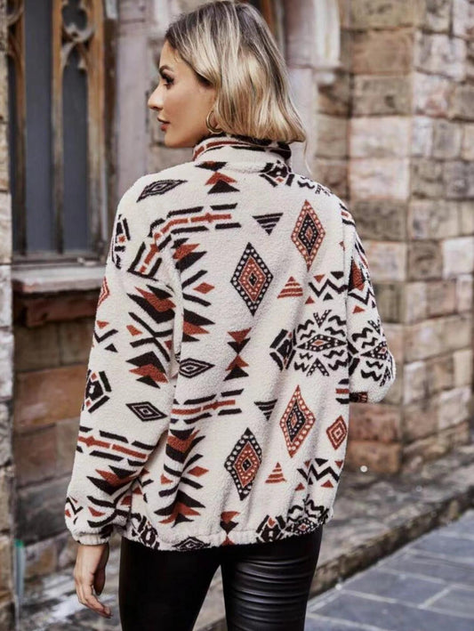 Geometric Zip Up Long Sleeve Outerwear | Tajstylo