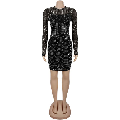 Sexy Mesh Rhinestone Bodycon Mini Dress | Tajstylo