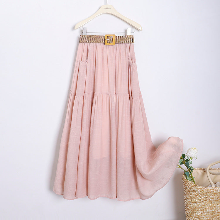 Woman wearing Belt Double Pocket Skirt in a casual outdoor setting