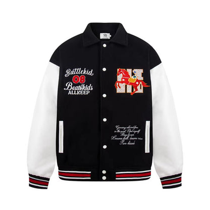Woman wearing Letter Embroidery Casual Baseball Jacket in a stylish urban setting