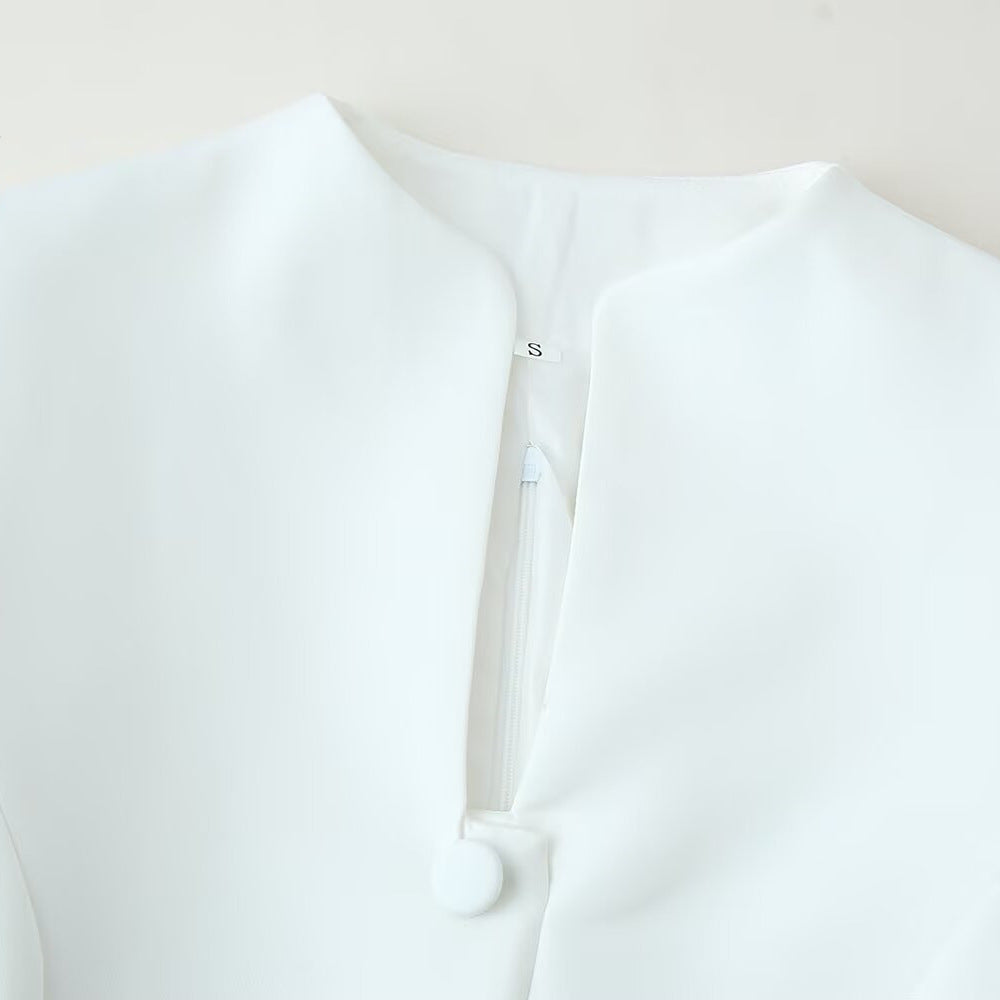 White Stand Collar Waist Cinching Dress | Tajstylo