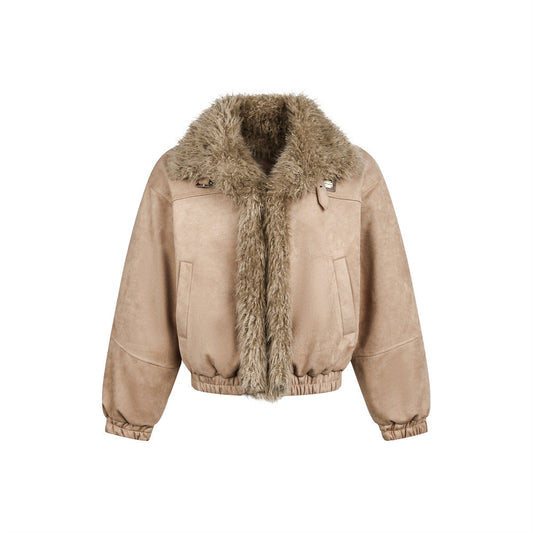 Woman wearing Fur Integrated Cotton Jacket in an urban setting