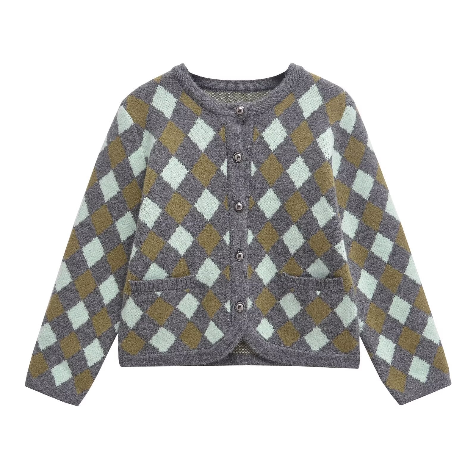 Woman wearing Diamond Jacquard Sweater in a casual setting