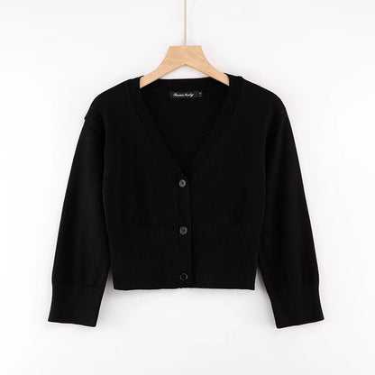 Woman wearing V-Neck Long Sleeve Short Cardigan in a casual setting