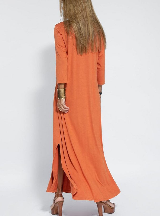 V Neck Three Quarter Sleeve Knit Dress | Tajstylo