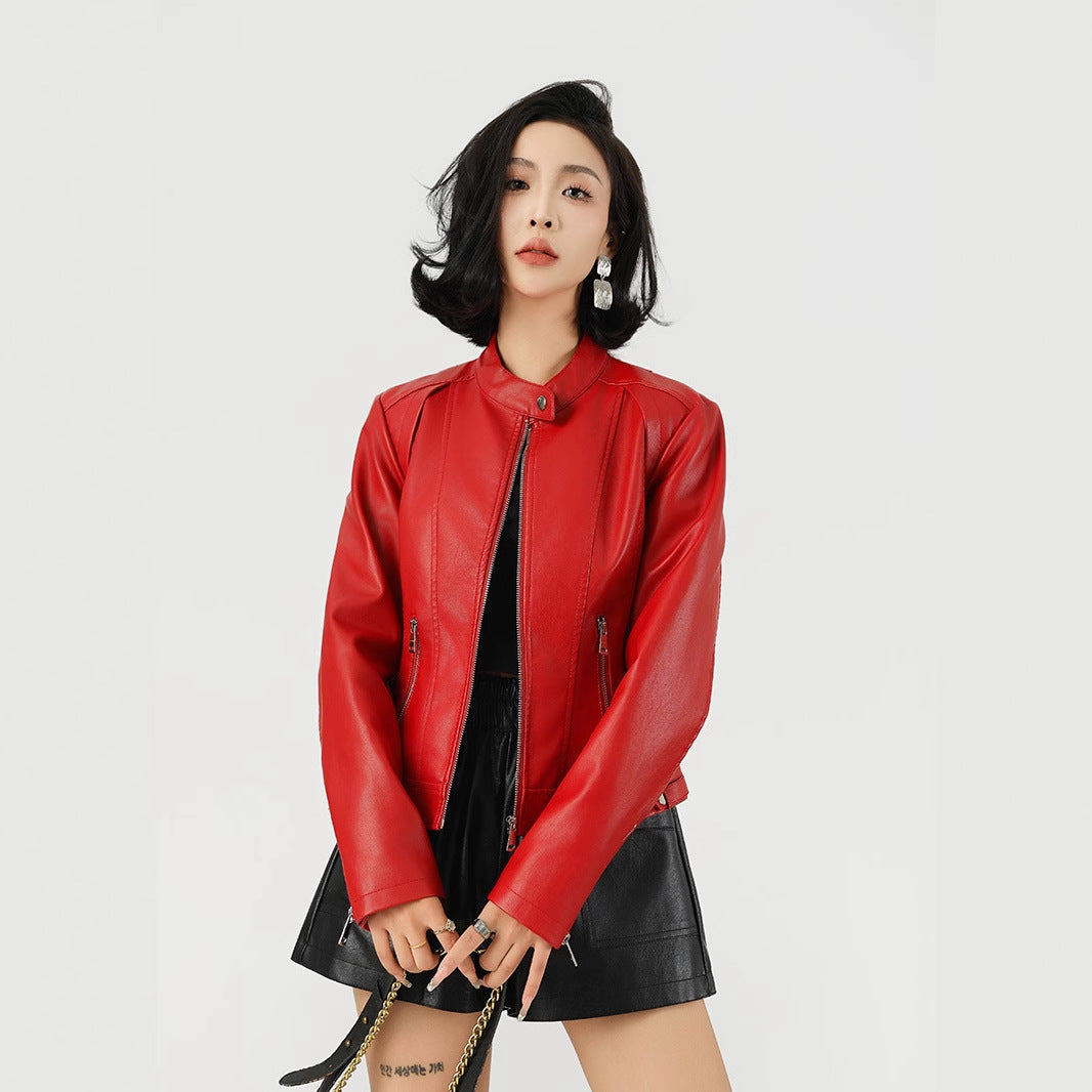 Woman wearing standing collar short jacket in a casual setting