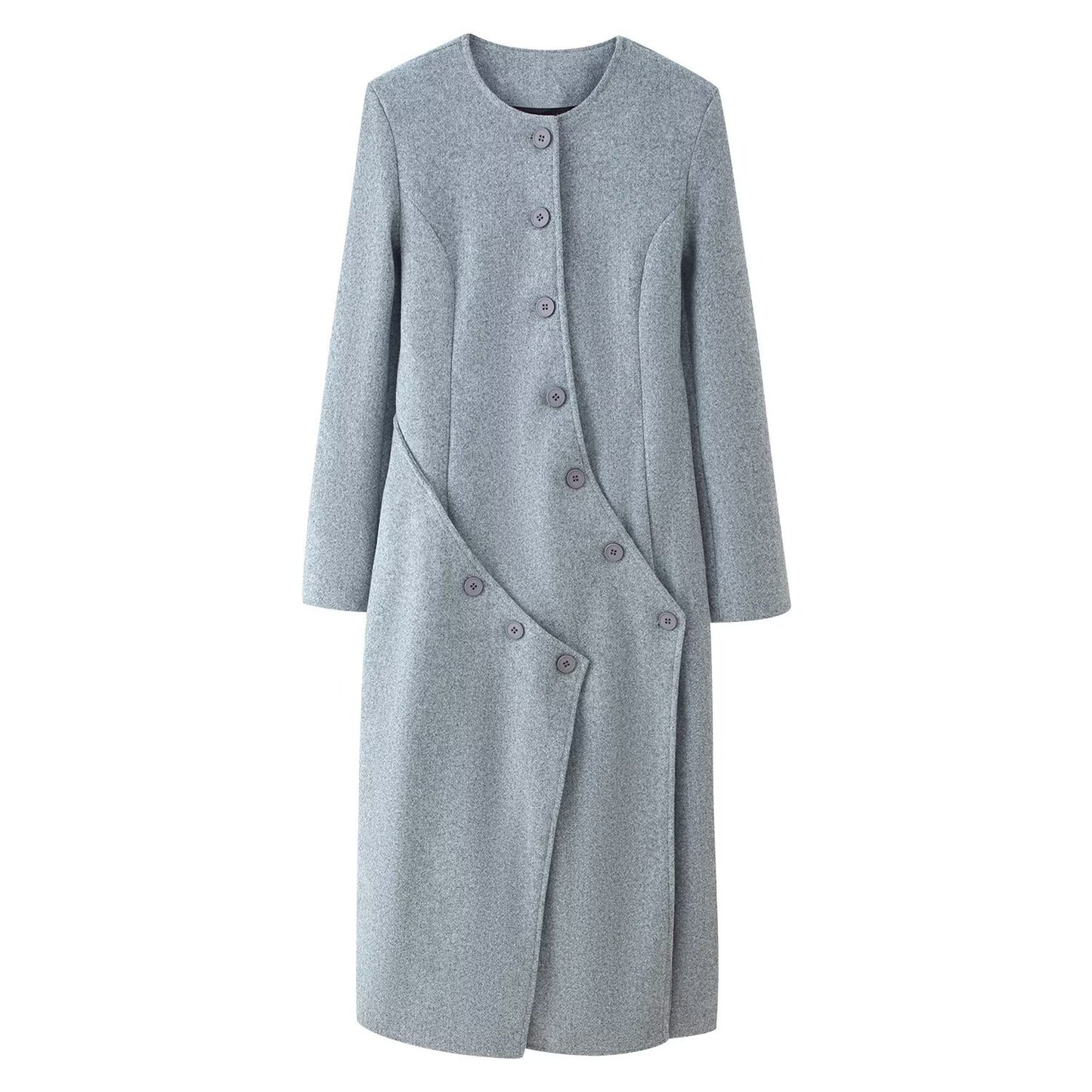 Woman wearing Multi Breasted Long Coat in urban setting