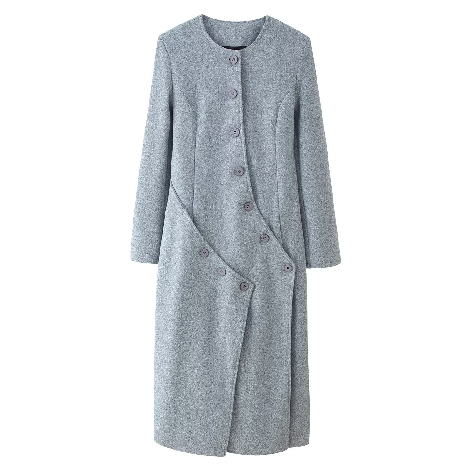 Woman wearing Multi Breasted Long Coat in urban setting
