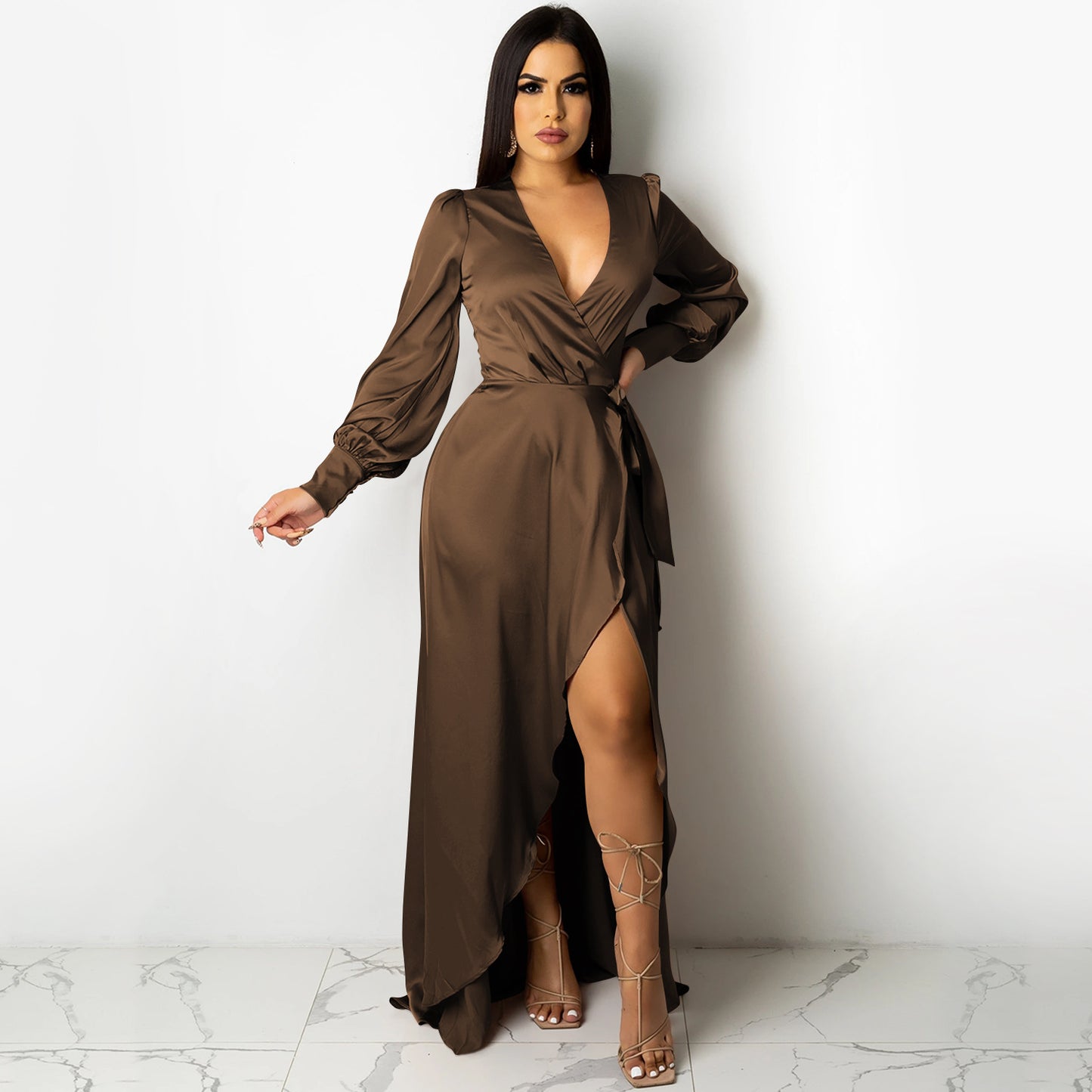 Woman wearing Deep V Neck Bandage Maxi Dress in a stylish setting