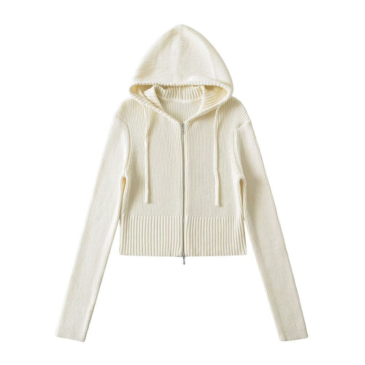 Woman wearing Hooded Half-Zip Slim Fit Sweater in a stylish office setting