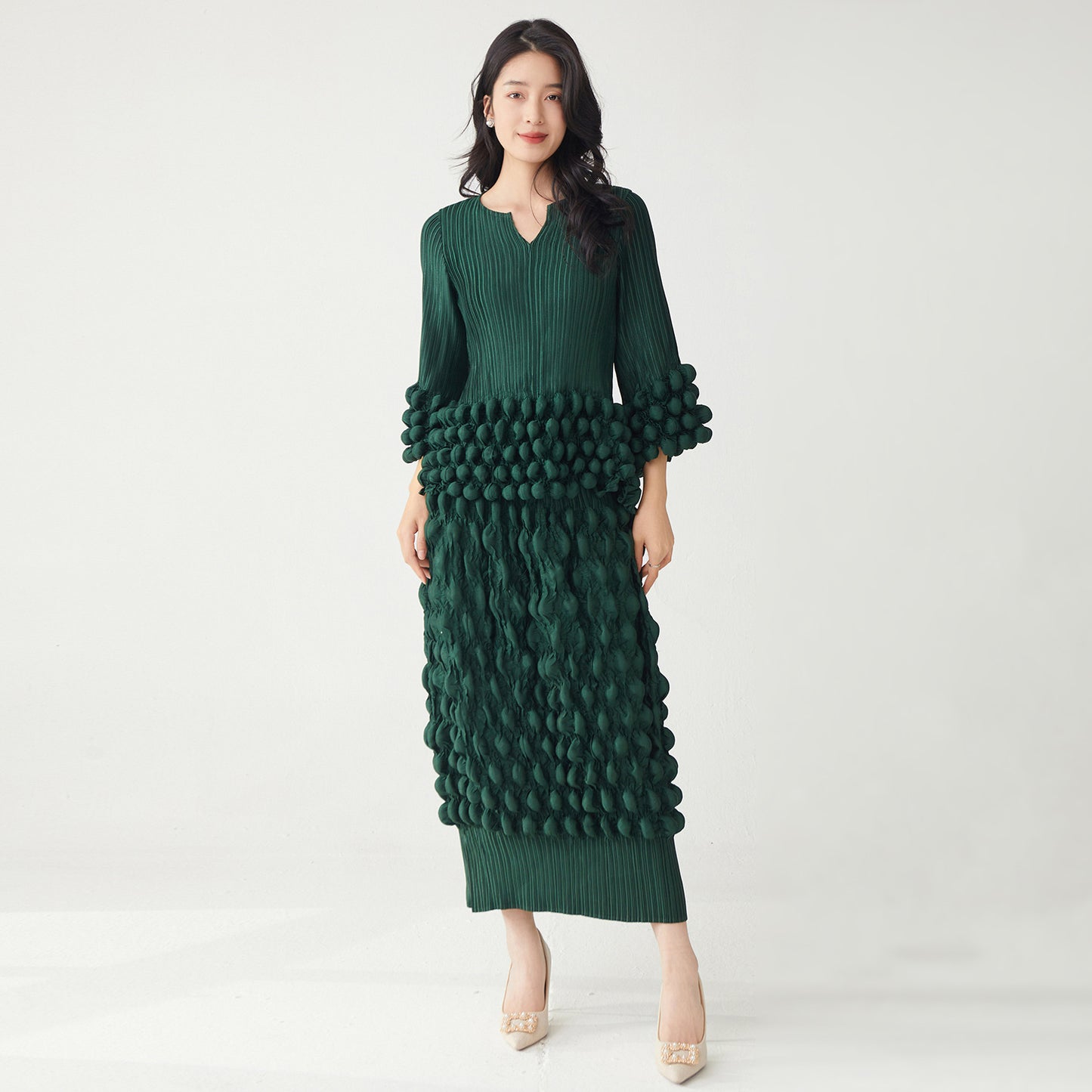 Woman wearing Elegant Two-Piece T-Shirt and Fitted Skirt Set in a stylish setting