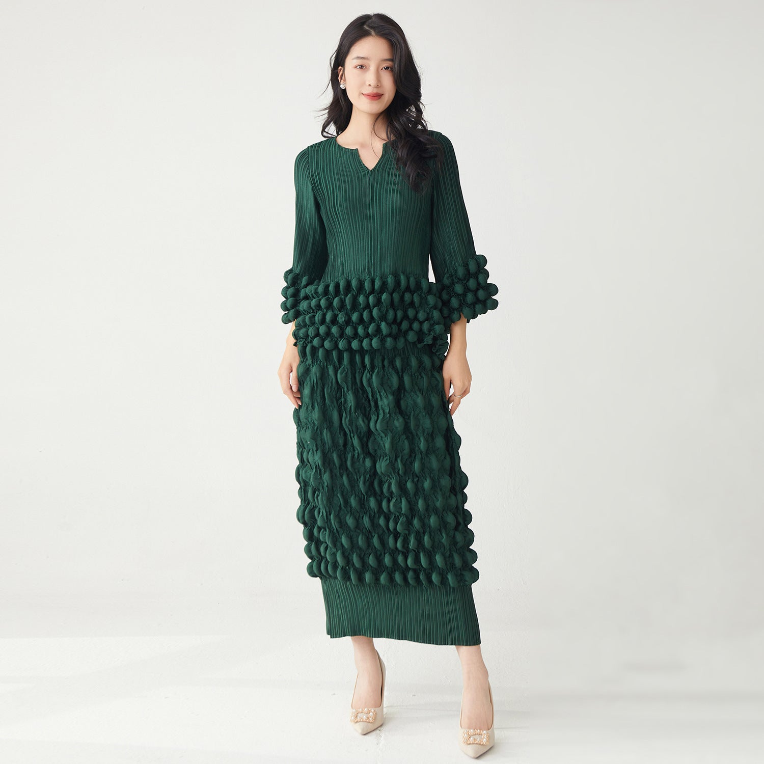 Woman wearing Elegant Two-Piece T-Shirt and Fitted Skirt Set in a stylish setting