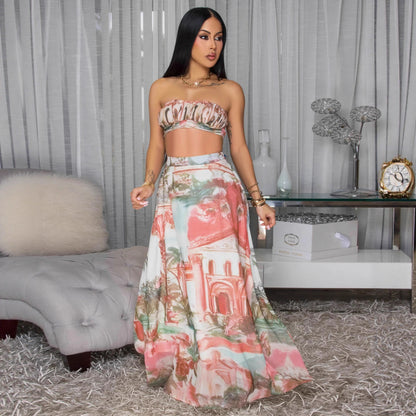 Woman wearing Casual Printed Two-Piece Set in a sunny outdoor setting