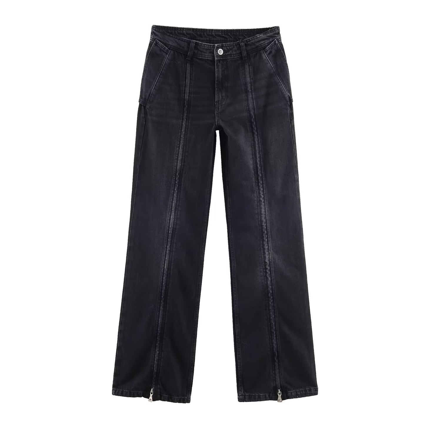 Woman wearing Mid Waist Wide Leg Zipper Jeans in a casual setting