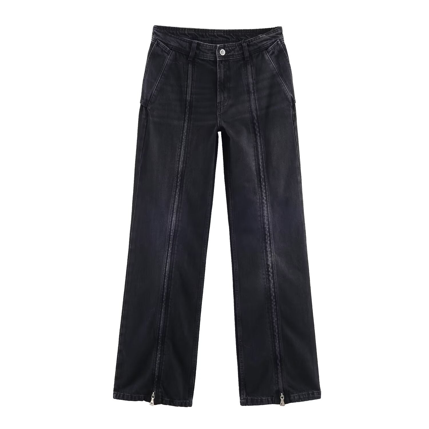 Woman wearing Mid Waist Wide Leg Zipper Jeans in a casual setting