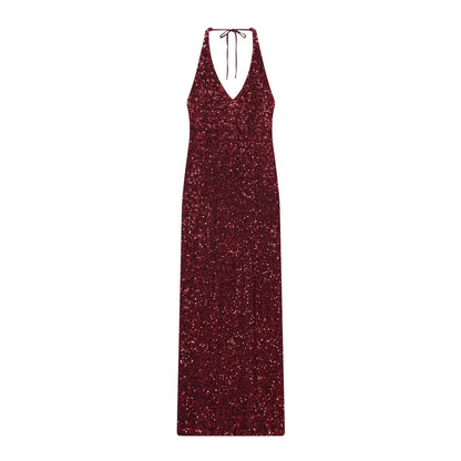 Burgundy Beaded Deep V Neck Long Dress | Tajstylo