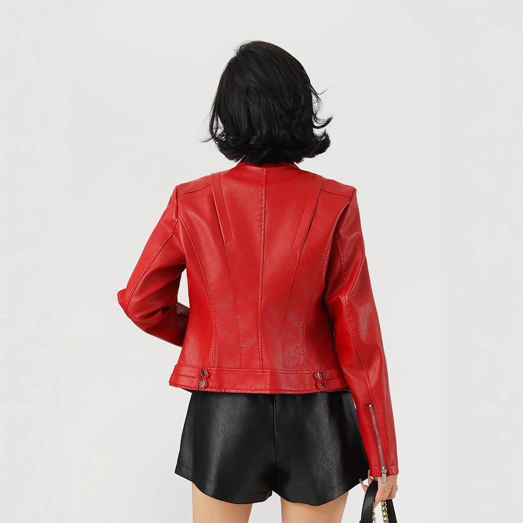 Woman wearing standing collar short jacket in a casual setting