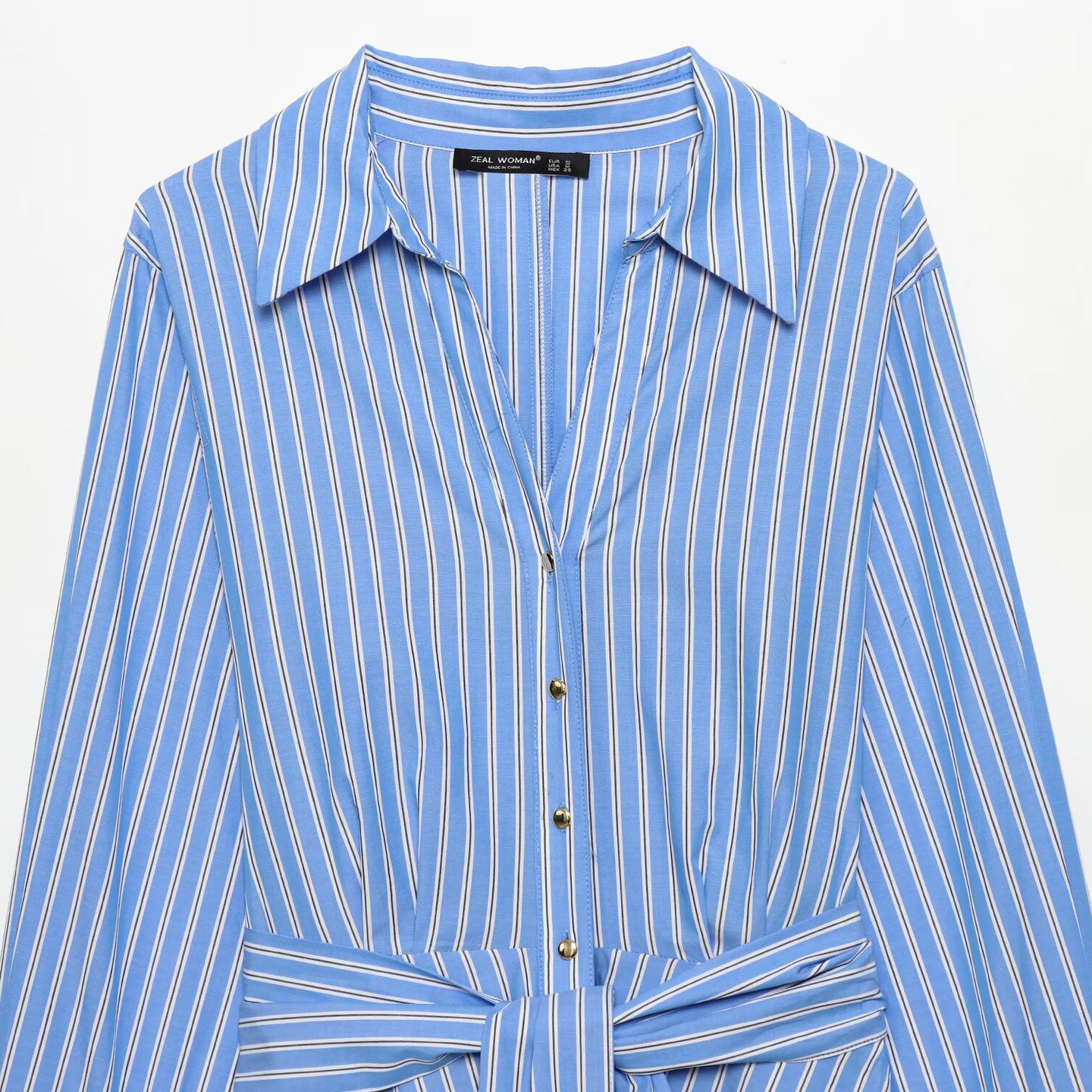 Woman wearing Elegant Stripe Polo Collar Long Sleeve Dress in a professional setting