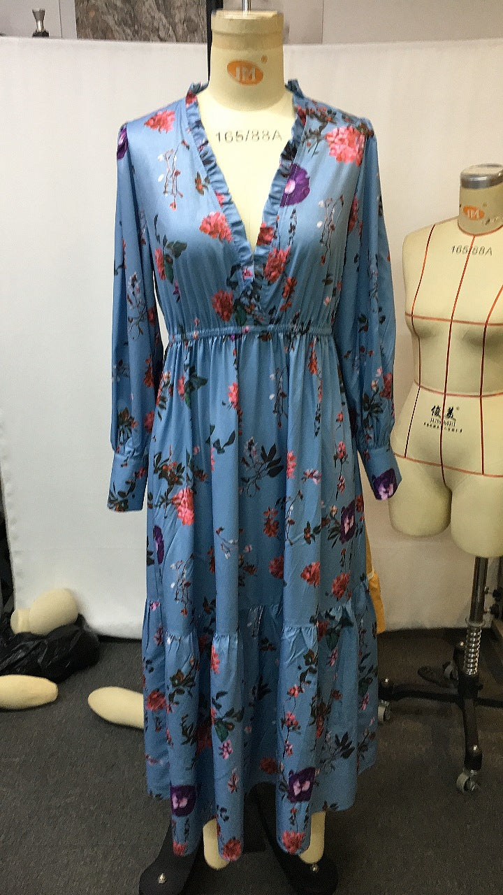 Vintage Floral V Neck Long Sleeve A Line Dress | Tajstylo