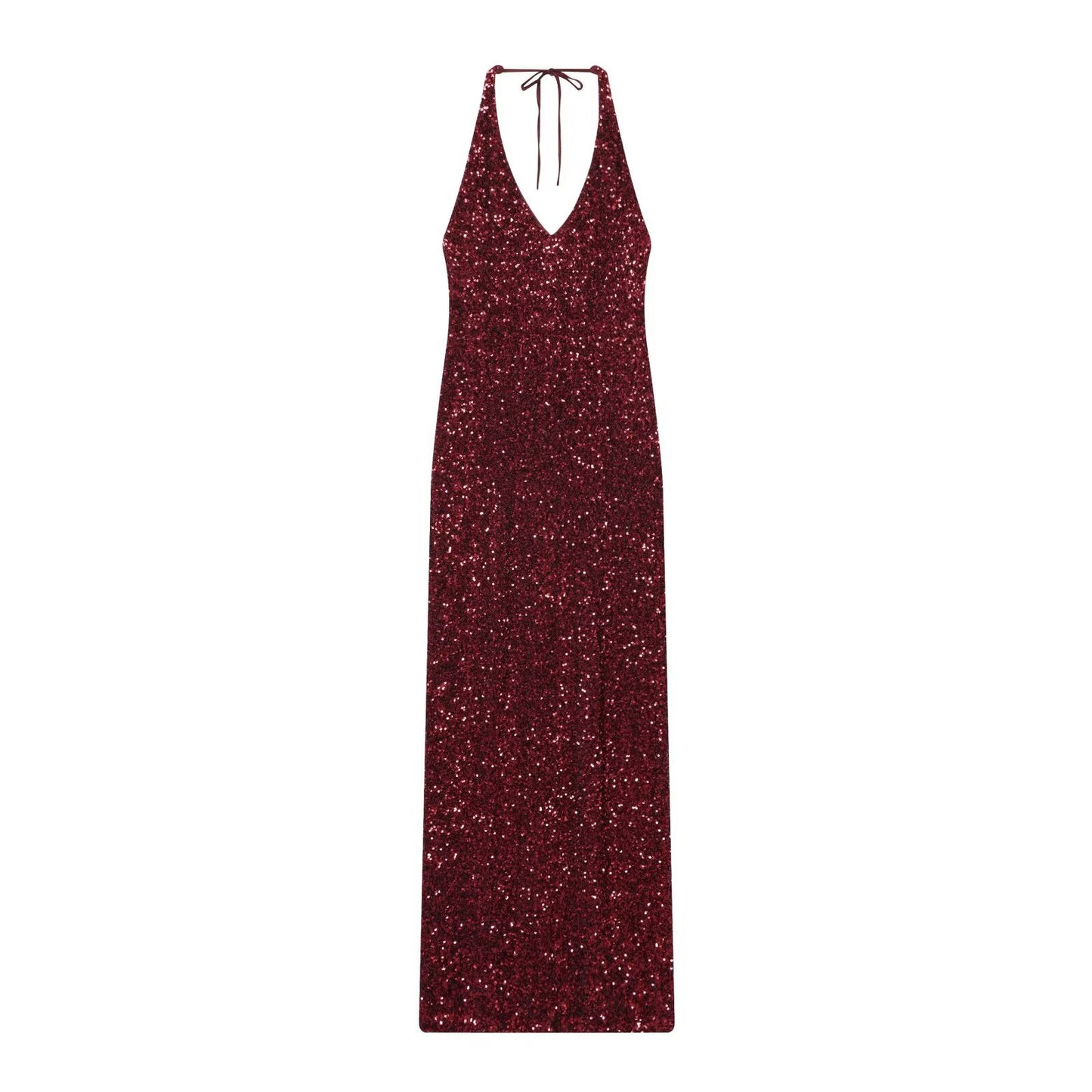 Woman wearing Burgundy Beaded Deep V Neck Long Dress in a casual outdoor setting