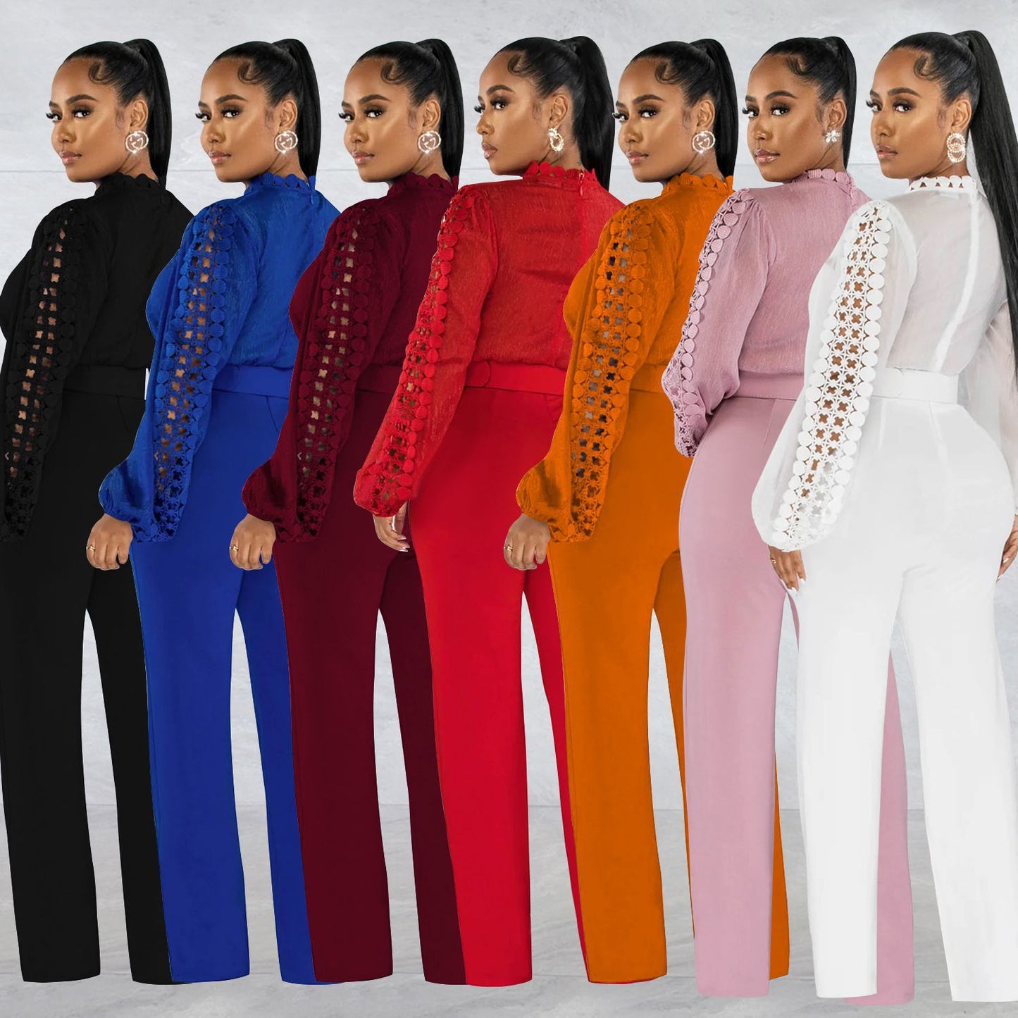 Woman wearing Belted Ruffle Cut-Out Full Length Jumpsuit in a stylish setting