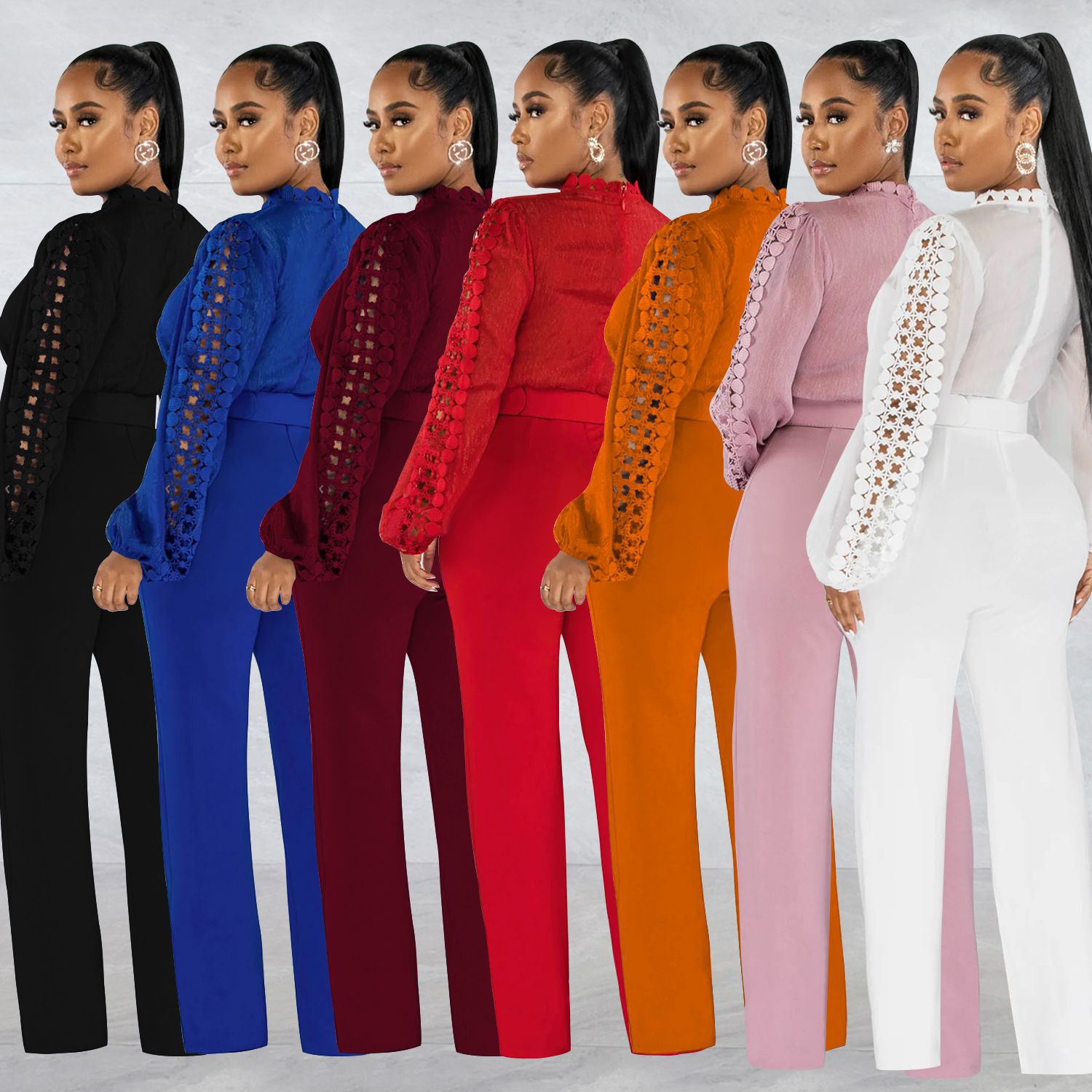 Woman wearing Belted Ruffle Cut-Out Full Length Jumpsuit in a stylish setting