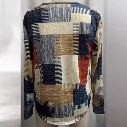 Woman wearing Dark Blue V-Neck Long Sleeve T-Shirt in a casual setting