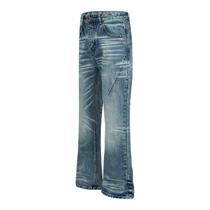 Woman wearing Vintage Washed Denim Jeans with Patchwork in an urban setting